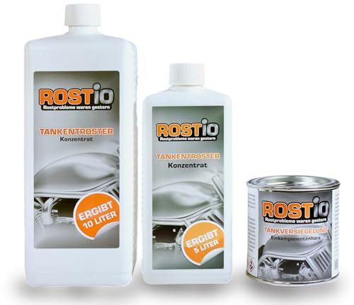 Rostio Tankentroster-Set 1,5L – inkl. 250 ml Tankversiegelung – hochergiebig (1:10) – für Tanks bis 15L – Rostentferner & Korrosionsschutz – ethanolfest & flexibel – Set zur Tanksanierung