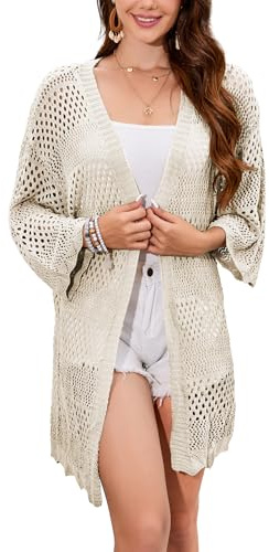 Famulily 3/4 Sleeve Cardigan for Women, Crochet Knitted Hollow Out Oversized Open Front Sweater Coat (S, Beige)