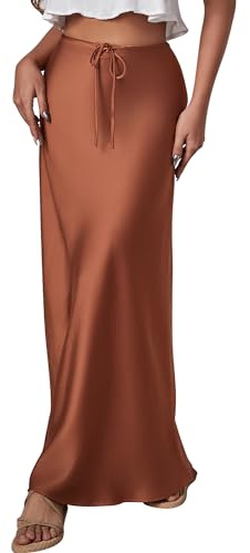 Dam satinkjol silkeslen enfärgad kjol hög midja maxikjol lång formell satinkjol elegant kjol A linje långa kjolar, Brun1, XL