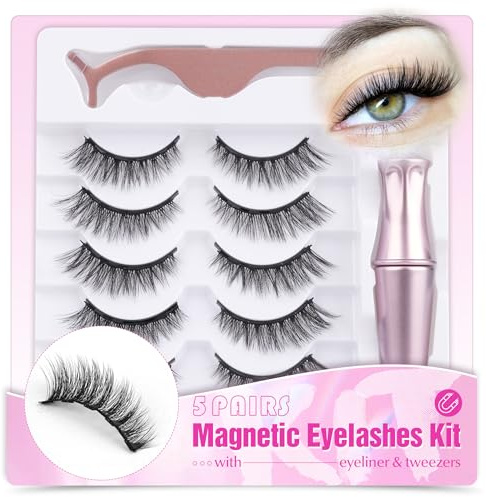 Magnetic Eyelashes with Eyeliner 5 Pairs Eyelashes Natural Look Cat Eye Lashes Magnetic Lashes with Applicator and Magnetic Eyeliner Waterproof Reusble Lashes Kit by Mavphnee