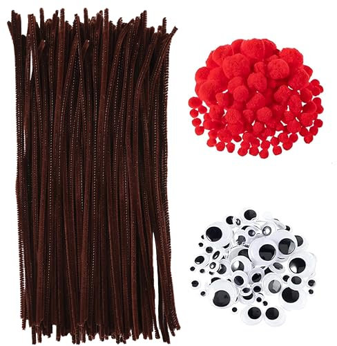 400 Stück Pfeifenreiniger Set, Braune Chenilledraht-Pfeifenputzer mit Roten Pom-Poms & Selbstklebenden Bastelaugen – Ideal für DIY Weihnachts-Handwerk (Braun-A)