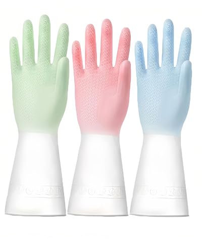 AORHOFJ Gants de Ménage Parfumés, Doublure Floquée, Gants en Caoutchouc Imperméables et Antidérapants pour la Cuisine et la Lessive, (3 Paires M)