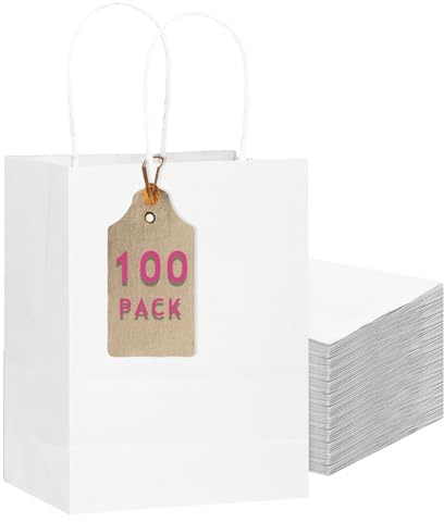 Gcardist 100 paket med vita presentpåsar med bulkhandtag 27x20x12 cm Medium Storlek Mellersta storlekens papperspåsar med flera användningsområden (11x8.3x4.3)