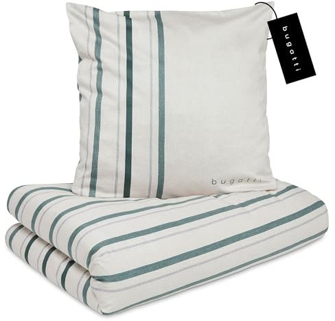 bugatti Bettwäsche 155x220 cm - 100% Baumwolle, Reißverschluss, anschmiegsam, weich & waschbar, Satinbettwäsche grün gestreift