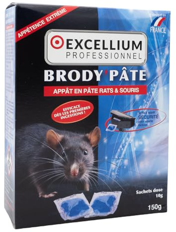 Appât Rats et Souris Prêt à l'Emploi 150g Poste Inclus Brody'Pâte EXCELLIUM | Pâte prête à l'emploi en sachets doses 10g, intérieur et extérieur, poste d'appâtage souris inclus, 150g