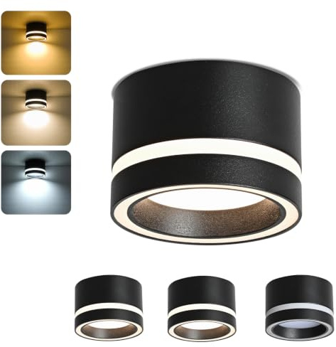 Gleonlux Foco de Techo Negro, Focos techo Superficie, Focos LED Interior Techo 6W GX53 3CCT 3000K Cálido/ 4000K Natural/ 6500K Frio, Aplique Techo Aluminio Redonda para Baño, 4 Pcs