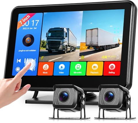 Bakre kamera 2 kameror, set med android spegellink, 7 tums pekskärm, 2 delad skärm, 1080P bakkamera IP68 vattentät/mörkerseende, med loopinspelning för lastbil/personbil/skåp/husbil