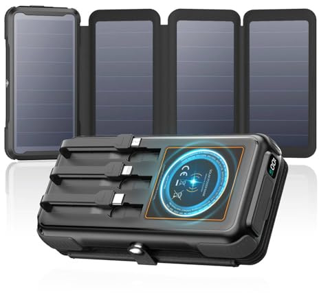 A ADDTOP Caricatore Solare 25000mAh - Wireless Power Bank Solare Caricatore Portatile con 4 Pannelli & 3 Cavi - 20W USB C Ricarica Rapida Batteria Esterna PD QC Caricabatterie Portatile per Phone