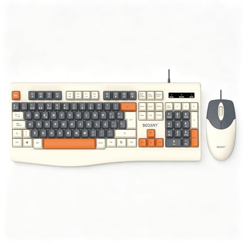 Pack Teclado y Ratón Retro Vintage - Diseño Colorido con Ñ - Ergonómico y Resistente al Agua - USB Plug&Play para Oficina y Hogar