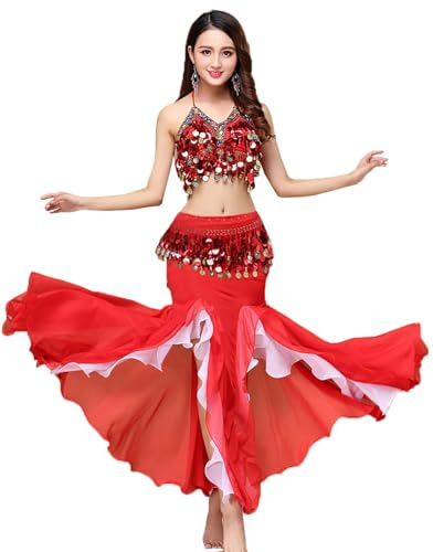 ORIDOOR Women's Belly Dance Dress Set - Red, One Size - Bra Top, Waist Belt, Chiffon Skirt - 35.5 Length - Hand Wash Only