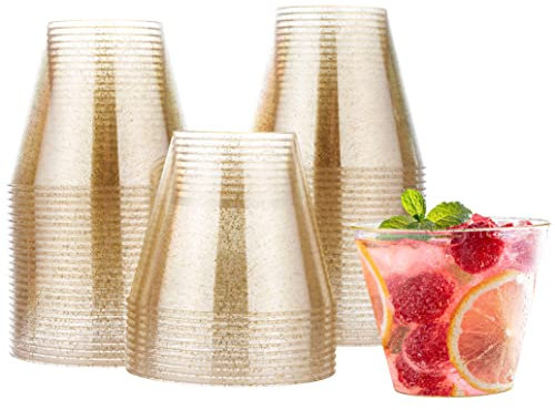 MATANA 60 Hartplastik Partybecher mit Goldglitter, Plastikbecher Gold (270ml / 9oz) - Mehrweg Kunststoffbecher, Cocktailgläser - Dessertbecher für Geburtstage, Hochzeiten & Partys