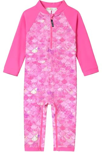 weVSwe Toddler Swimsuit UPF 50+ Sun Protection Recycled Fabric Baby Swimming Costume One Pieces Girl Swimwear Long Sleeve Rash Guard Rose Red Fish Scales 18-24 Months
