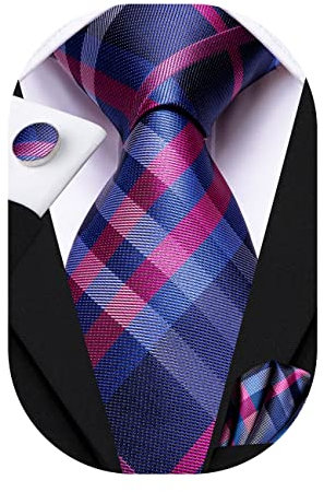 Hi-Tie Herren Krawatte Schwarz Paisley/Plaid/Streifen/Einfarbig Krawatten Set Einstecktuch Manschettenknöpfe Business Formal Hochzeit Meeting Geschenkbox,einzigartiges blau-lila Plaid