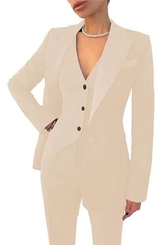 Leader of the Beauty Traje de 3 piezas con solapa de pico para mujer, conjunto de oficina para damas, traje de negocios con pantalón, traje para baile de graduación, beige, M