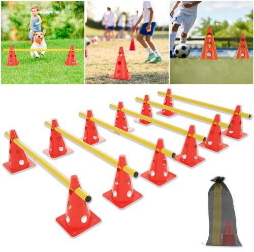 Froadp Agility Sports Obstacles Coniques Set Entraînement de Coordination avec Seau de Signalisation Rouge 32cm et Barre Jaune 100cm Obstacles pour Enfants ou Chiens Entraînement au Saut (Lot de 6)