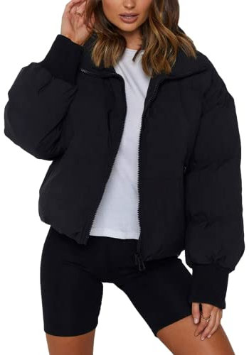 Sukany Women's Winter Casual Padded Full Zip Stand Collar Long Sleeve Puffer Jackets Coat Short Down Warm Quilted Jacket Black M