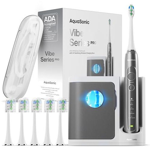 Aquasonic Vibe Series PRO – Ultra-Whitening Electric Toothbrush – 5 Modes & Smart Timers – UV Sanitizing Base – ADA Accepted (Charcoal Metallic)