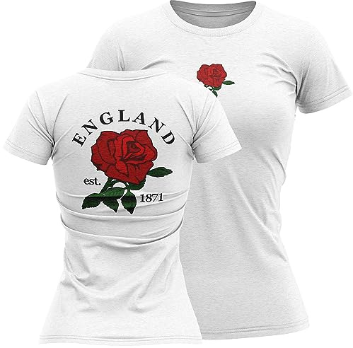 England Womens Rugby T Shirt Ladies English 1871 England Rose Badge Tee, M, White