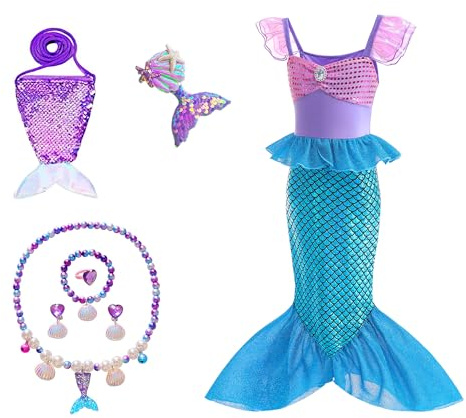 HEYOUTH Den lilla sjöjungfrudräkten, kostym sjöjungfruklänning, prinsessan Ariel, sjöjungfru med 7 tillbehör, flickor jul, karneval, halloween, cosplay festklänningar, lila blå (2–13 år)