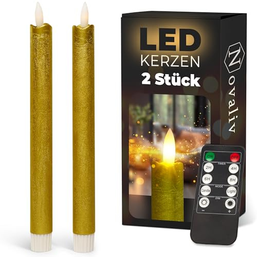 Novaliv 2 stycken LED-stavljus med timer guld inomhus med 6 timmars timer, äkta vax, 23 cm hög, för ljus, 2,2 cm diameter, 2 AAA-batterier behövs, LED-stångljus, fladdrande flamma