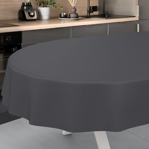 Nappe en Toile cirée, Lavable, pour Table de Jardin, extérieur, intérieur, Ovale, Bord coupé, Anthracite, 180 x 140 cm