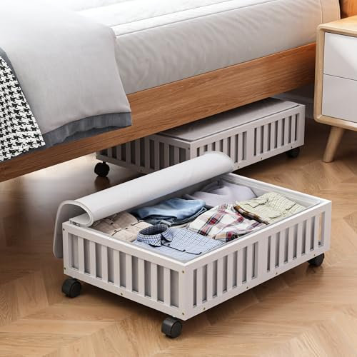 Contenitori in bambù sotto il letto con ruote, confezione da 2 contenitori per scarpe sotto il letto, cassetti in legno, organizer per camera da letto, armadio, vestiti, coperte, piumoni e giocattoli