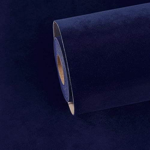 ReWallpaper Royal Blue Velvet Fabric Wallpaper Self Adhesive Flocking Wallpaper Velvet Dark Blue Plain Wall Paper Vintage Contact Paper for Shelves Jewellery Box Felt Lining 44.5cmx2m