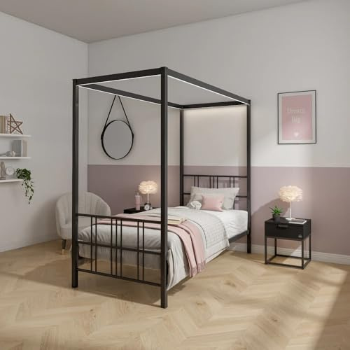 X-Rocker FERN Four Poster Bed with LED Lighting, Single 3ft Bedstead, Metal Canopy Bed Frame, Sturdy 4 Poster Bed Frame with Headboard and Dimmable LED Lighting, 3 Light Settings XR LIVING - BLACK