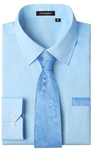 HISDERN Camisa Hombre Manga Larga Clásico Boda Negocio Camisas Azul Vestir y Corbata con Bolsillo Color Sólido XL