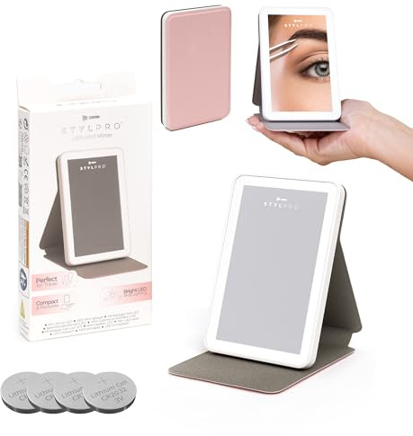 STYLPRO LED Mini resesminkspegel med ljus - bärbar, kompakt, justerbar LED-lampa, 2 i 1 stativ och fodral - perfekt för resor, semestrar och handväskor