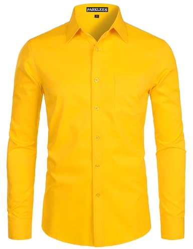 PARKLEES Camicia da uomo a manica lunga, tinta unita, Slim Fit, casual, da lavoro, formale, con bottone e tasca, Giallo, S