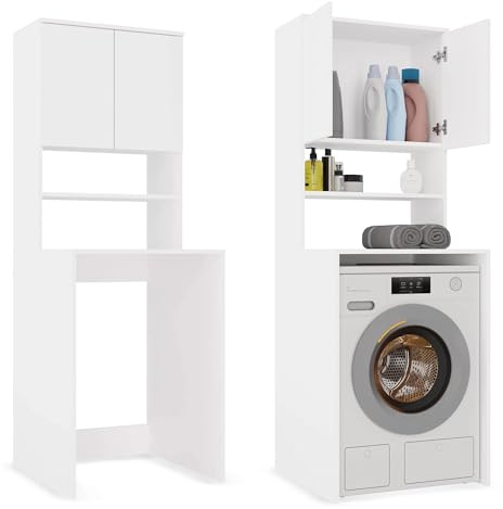 CDF Mobile Colonna per Lavatrice – Armadio da Bagno Salvaspazio con Ripiani per Detergenti – Struttura Alta per Lavanderia – Mobile per Accessori Bagno e Prodotti per la Pulizia – Pola Multi Bianco