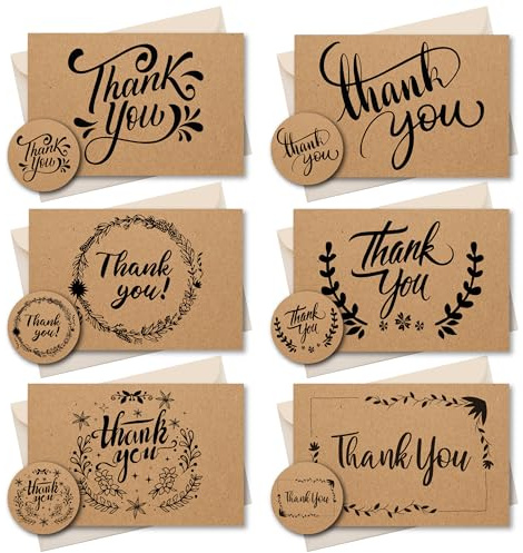 SIMPLY GIFTED Thank You Cards Multipack of 24 with Envelopes & Matching Thank You Stickers- 6 Different Design Blank Inside -10x15cm Brown Kraft Thankyou Cards for Teachers Weddings Kids - Made in UK