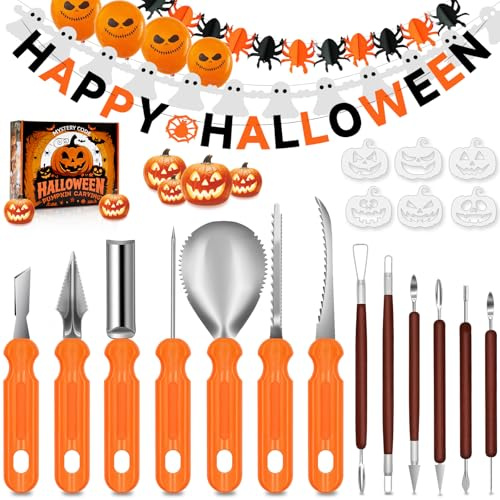 Mystery Code Halloween Pumpkin Carving Kit - 30-Piece Stainless Steel Pumpkin Carving Tools Set with Stencils & Banner Balloons, Jack-O'-Lantern Decorating Kits for Kids & Adults