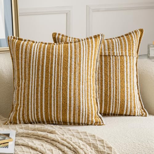 Madizz Juego de 2 Funda de cojíns Decorativas de Bucles con Borde Neutras Boho Fundas de Almohada Rayada para Sofá Dormitorio Salón Amarillo Cuadrado 50 x 50 cm