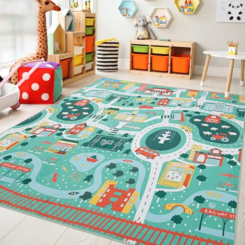 UKISS Educational Play Rug，55x55 Traffic Road Kids Car Mat,Non-Slip Washable City Kids Play Mat,Area Rug Kid Carpet for Playroom Living Room Nursery Room Decor,Green