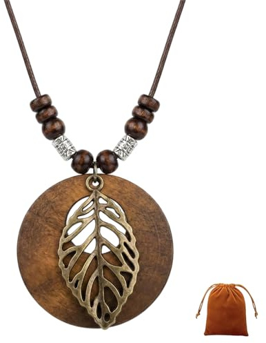 GHKJOK Vintage Wooden Rose Pendant Necklace with Long Chain – Bohemian Costume Jewelry for Women, Exquisite Carved Floral Design, Ladies Sweater Necklace with Velvet Gift Pouch