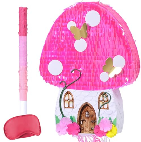 WERNNSAI Pink Mushroom House Pinata - Enchanted Forest Party Decorations Mushroom Pinata with Stick and Blindfold for Fairy Birthday Decorations Garden Party Supplies Cottagecore Decor