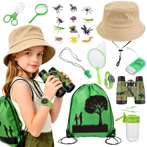 Kids Outdoor Exploration Kit, 13Pcs Bug Catcher Set and Explorer Kit（Green)