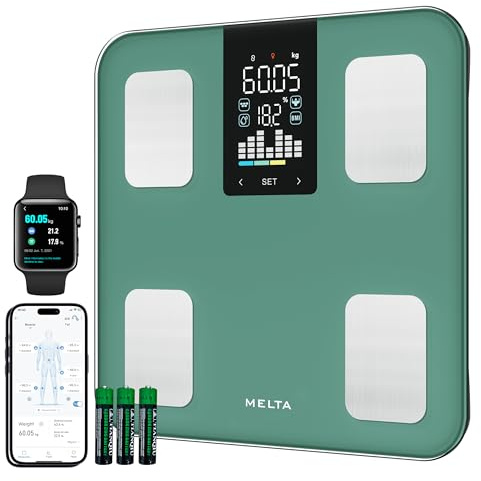 Pèse Personne Connecté MELTA. – Impédancemètre 15 Données : IMC, Masse Grasse, Musculaire, Viscérale, Osseuse – Bluetooth & Application Gratuite – Synchronisation Santé – Verre Trempé – 180kg (VERT)