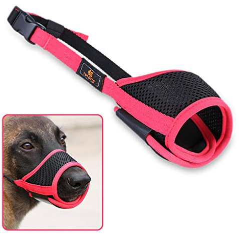 Andiker Hundemaulkorb aus Netzstoff, mit verstellbarer Schlaufe und weichem Pad, Hundetrainingsmaulkorb verhindert Bellen, Beißen und Kauen (rot-schwarz, Größe XS)