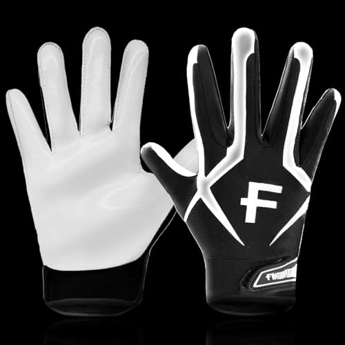FINGER TEN American Football Gloves Youth Kids Ultra Tack Sticky Non-Slip Palm Receivers, Rugby Gloves for Boys Girls Flexible Stretch Protection Fit Children Age 5-14 (White, Large)