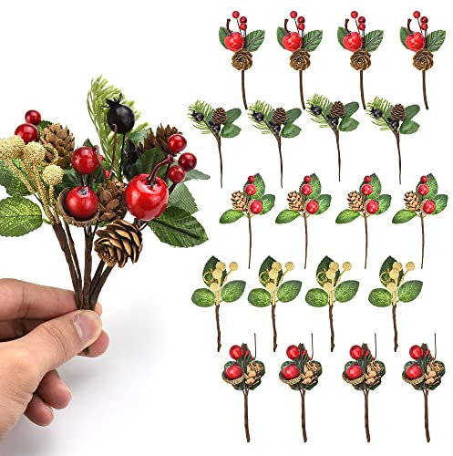 BUZIFU Artificial Christmas Picks 20 Pcs Christmas Holly Berry Branches Artificial Pine Cones Berry Stems Decor Bouquets Christmàs Foliage for Xmas Wreath Decorations DIY Xmas Crafts (5 Styles)