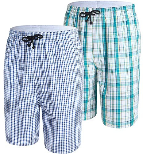 MoFiz Pantalones Cortos de Pijama Hombre Algodón Shorts a Cuadros Pantalón de Dormir Casa con Bolsillos Pack de 2