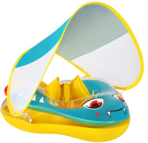 Mabecol Bouee Bebe, Bouée Bébé Parasol Bébé Sièg Bouee Enfant de 6 à 26 Mois avec Auvent Amovible, Boue Flotteur Bebe Piscine Swimtrainer Protection Solaire pour Enfants Anneau de Natation (Vert)