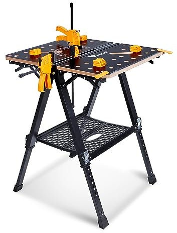 WORKESS Tragbare Werkbank und Sägebock, 453,6 kg Kapazität, strapazierfähiger, klappbarer Arbeitstisch, 59,9 cm - 91,4 cm, höhenverstellbar, mit 2 Schnellklemmen, 4 Bankhund, 2 x 4 Stützarmen für die