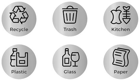 SONGMICS Bin Stickers, 6 Recycling Stickers for Bins, 6 Bin Labels - Recycle, Trash, Kitchen, Plastic, Glass, and Paper, Sign Decals for Rubbbsh Bins, Walls, Silver LTB002E01