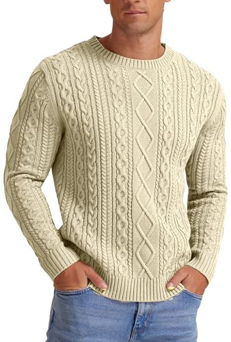 Hisir Men's Winter Cable Knit Jumpers Casual Crew Neck Thick Warm Long Sleeve Sweater Pullover Tops for Men UK (Beige, S)