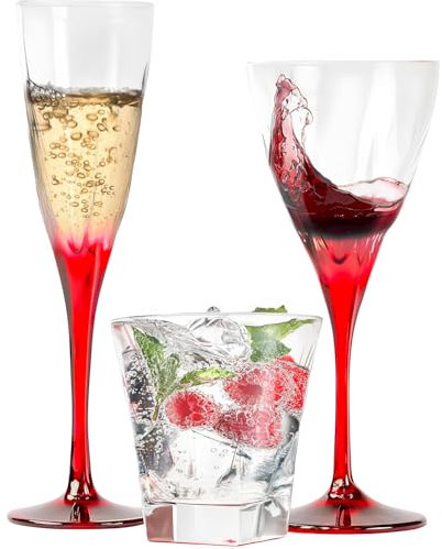 Avilia Set Bicchieri 18 Pezzi - 6 Calici da Vino, 6 Flute Champagne, 6 Bicchieri Acqua, Vetro Trasparente con Dettagli Rossi, Elegante e ideale per Cenoni di Natale e Capodanno
