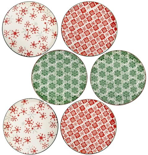 PHRYGIA Porcelain Plate Set, Set of 6, 8.3 Inch,Christmas Plate Set,Porcelain Plates,Salad Plates,Dessert Plate Set,Side Plate, Christmas Serving Plate,Red-Green Plate (21cm, Astral)